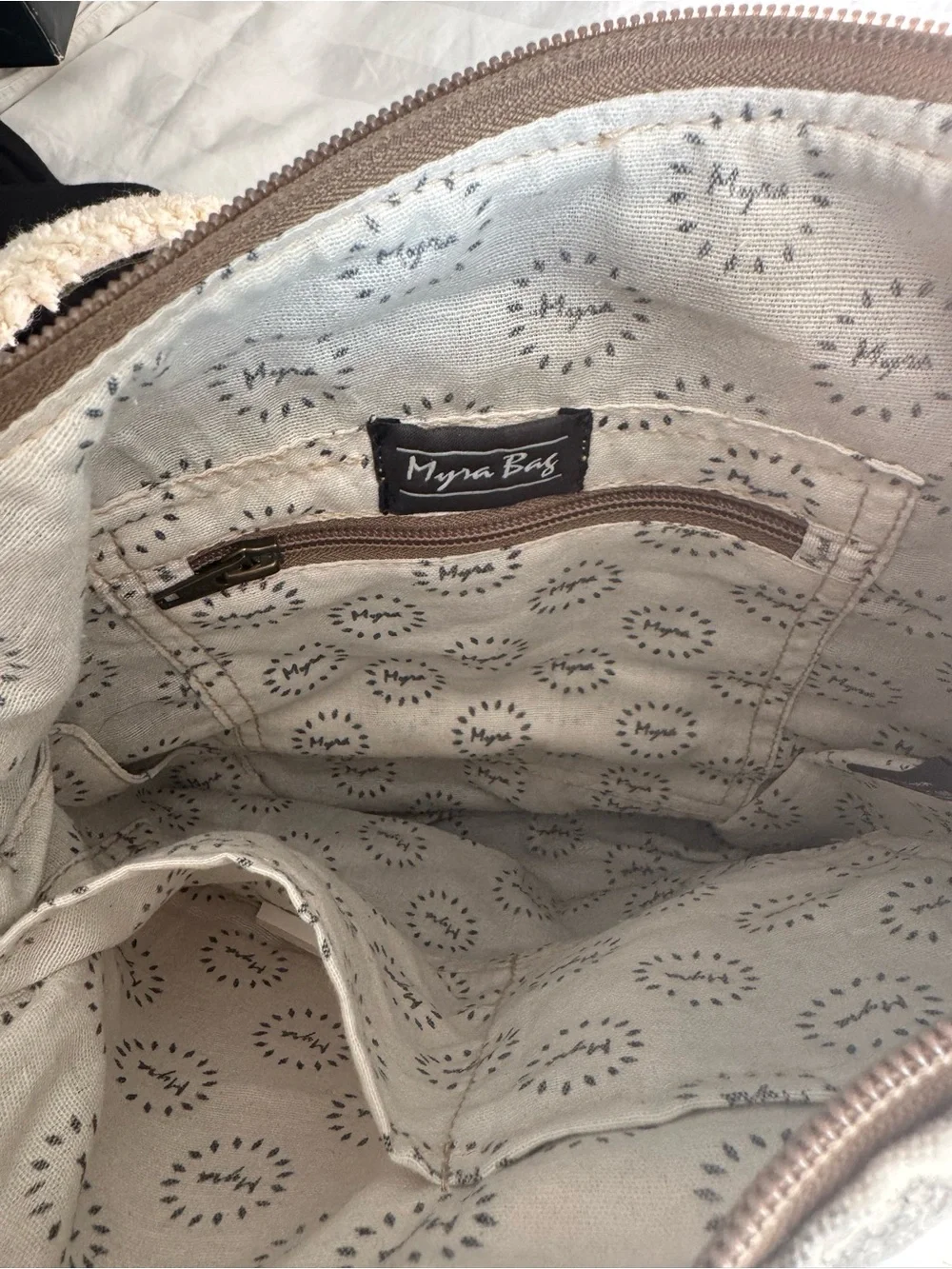 Myra Bag Gray Pattern Canvas Hobo with Tan Leather Trim and Dark Fur Base